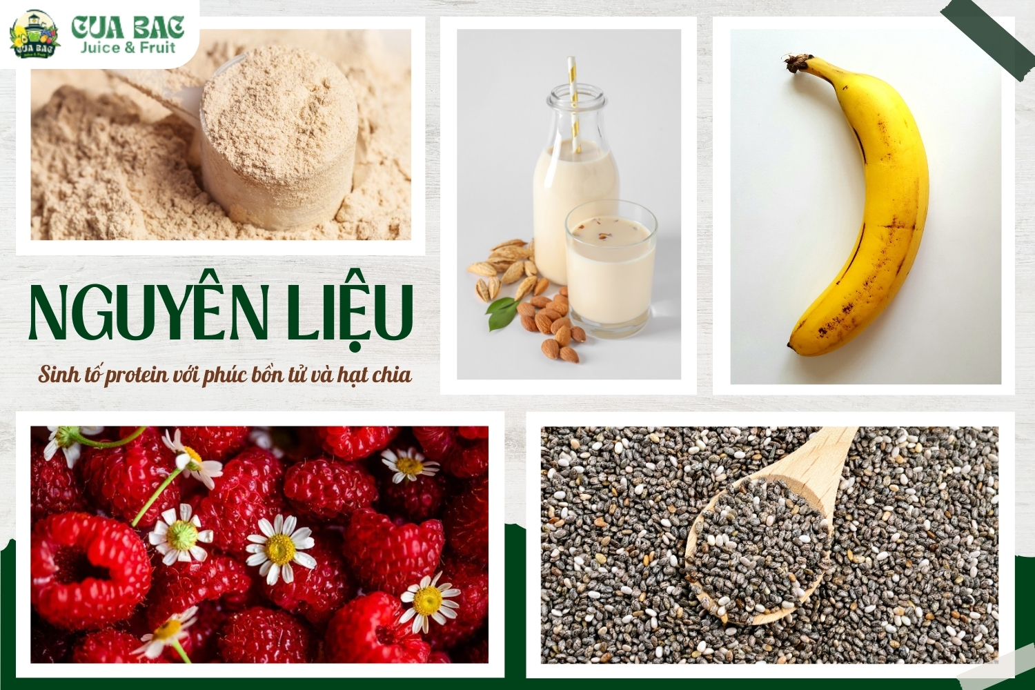 nguyên liệu làm sinh tố protein với phúc bồn tử và hạt chia